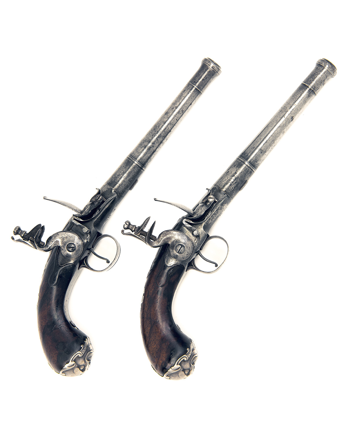 DREW, LONDON A PAIR OF 18-BORE FLINTLOCK PISTOLS, MODEL 'QUEEN ANNE TYPE', no visible serial