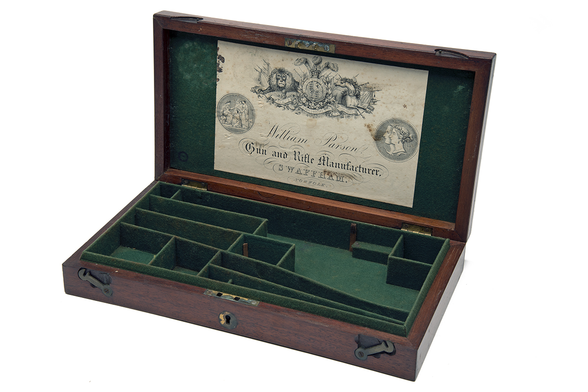 WILLIAM PARSONS, SWAFFHAM A GOOD MAHOGANY PERCUSSION REVOLVER-CASE WITH LABEL, circa 1850 and