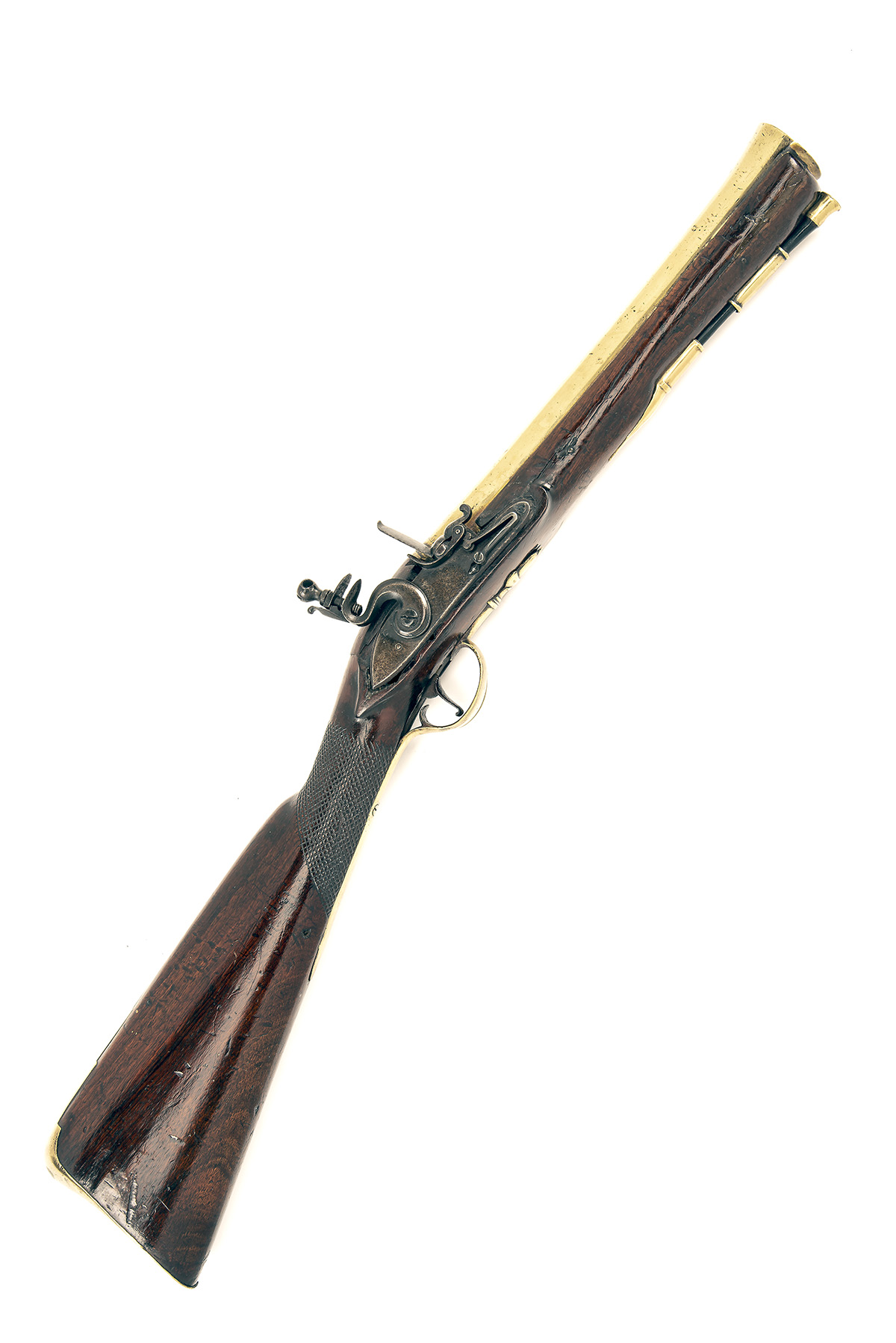 A 12-BORE FLINTLOCK BRASS-BARRELLED BLUNDERBUSS, UNSIGNED, no visible serial number, English circa