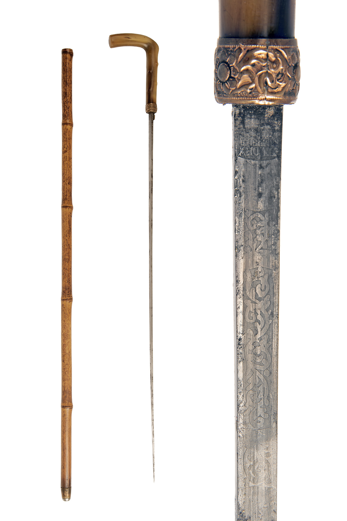 J. MORY ARMURIES, SPAIN A SWORDSTICK WITH ETCHED BLADE, circa 1900, the 26 1/2in. narrow blade