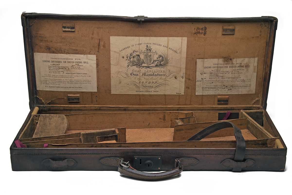 CHARLES LANCASTER A LEATHER DOUBLE GUNCASE, fitted for 29in. barrels, the interior lined with