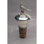 A STERLING SILVER PHEASANT TOPPED CORK BOTTLE STOPPER, with 925 silver hallmarks, measuring