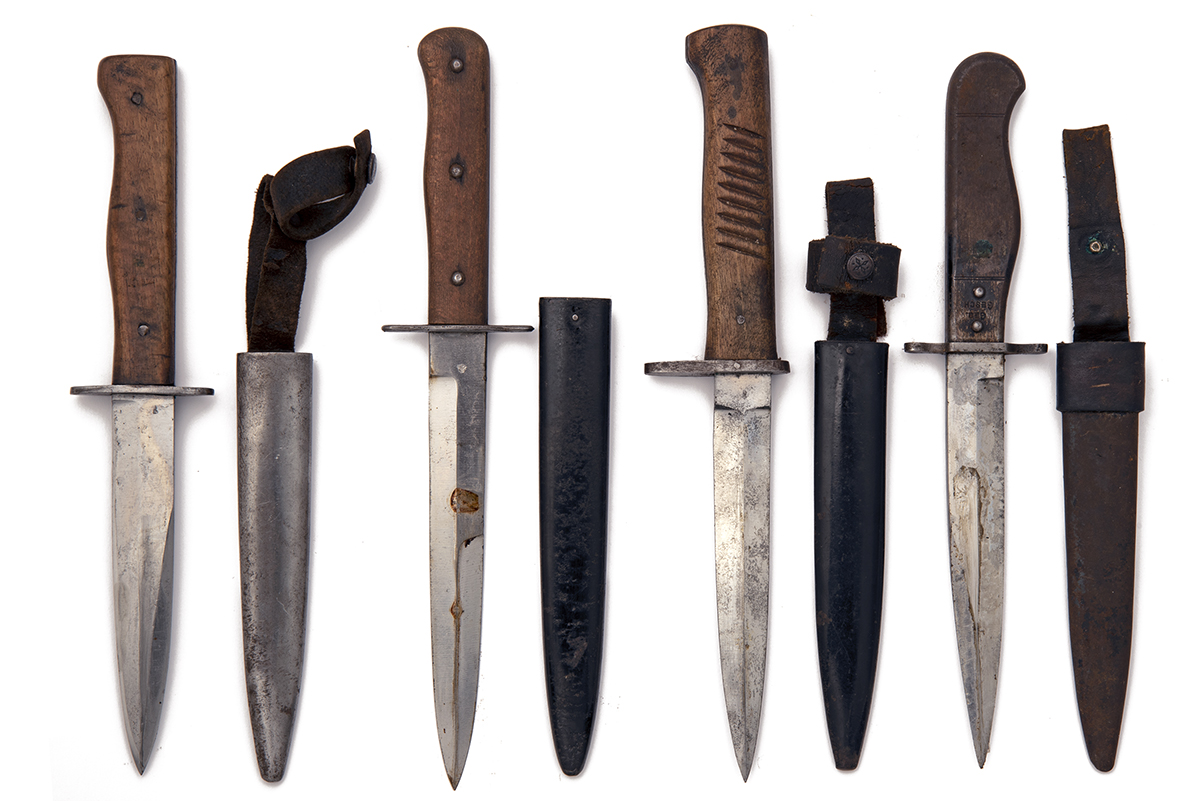 FOUR GERMAN WORLD WAR ONE AND TWO TRENCH-KNIVES, all different and including a World War one example