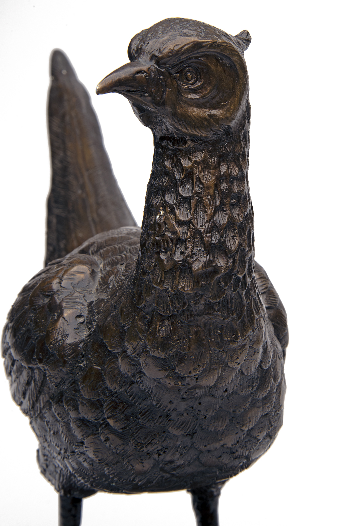 A BRONZE PHEASANT, unsigned, mounted a round oak plinth, measuring approx. 14in. x 18in. x 9in.. - Image 2 of 2