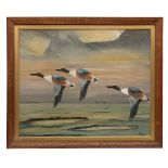 MACKENZIE THORPE AN ORIGINAL OIL ON CANVAS, signed by the artist, showing ducks rising over
