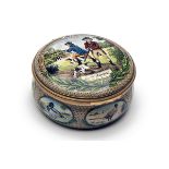 A HALCYON DAYS ENAMEL (COMMISSIONED BY JAMES PURDEY & SON) PILL BOX, the top decorated with a