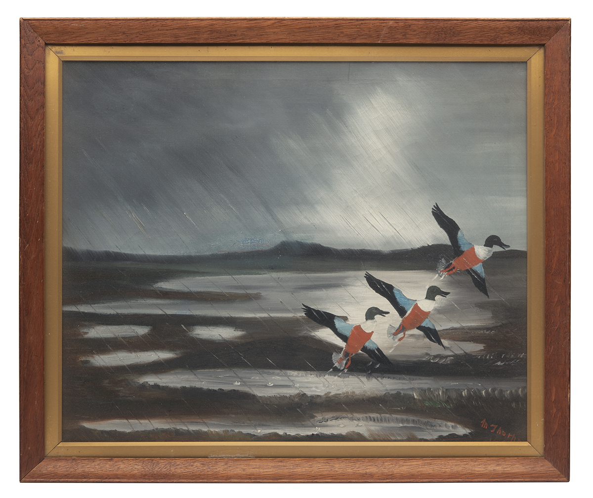 MACKENZIE THORPE AN ORIGINAL OIL ON CANVAS, signed by the artist, showing three ducks in flight,