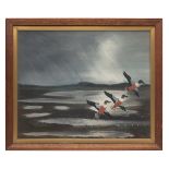 MACKENZIE THORPE AN ORIGINAL OIL ON CANVAS, signed by the artist, showing three ducks in flight,
