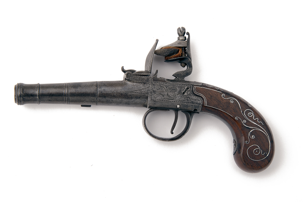 TURVEY, LONDON A 48-BORE FLINTLOCK CANNON-BARRELLED BOXLOCK POCKET-PISTOL, no visible serial number, - Image 2 of 3