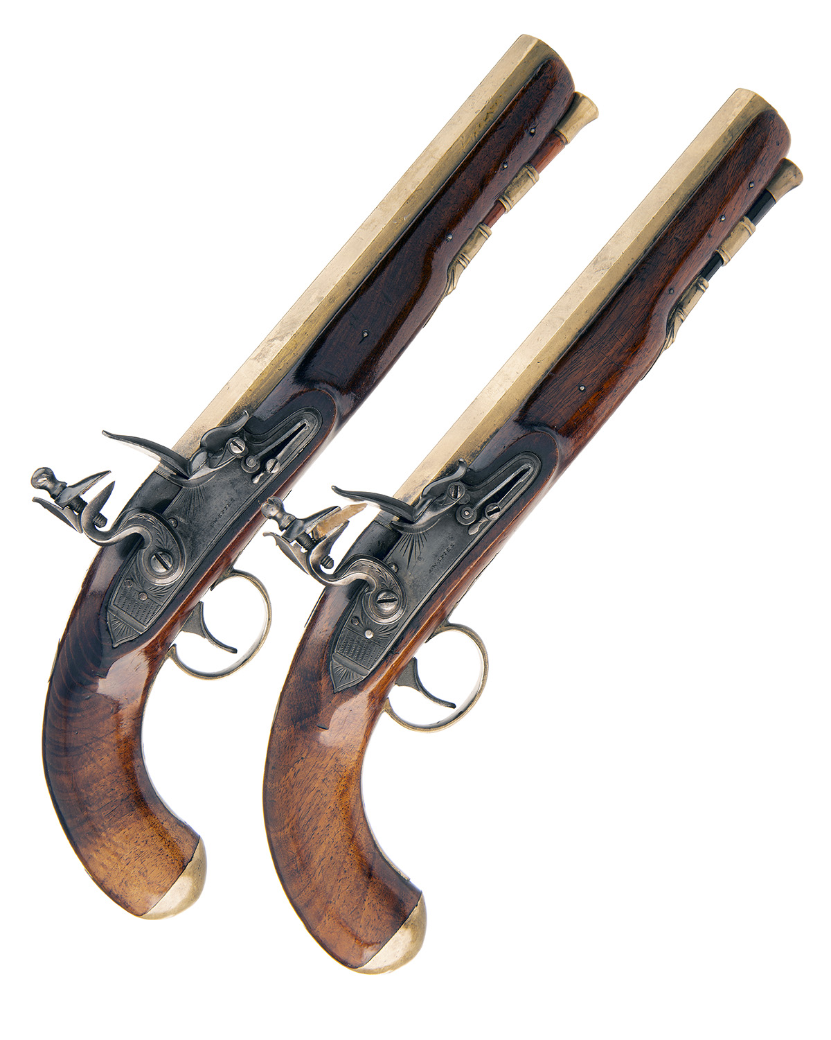 A PAIR OF .650 FLINTLOCK BRASS-BARRELLED OFFICER'S PISTOLS SIGNED 'A.W. SPIES, LONDON', no visible