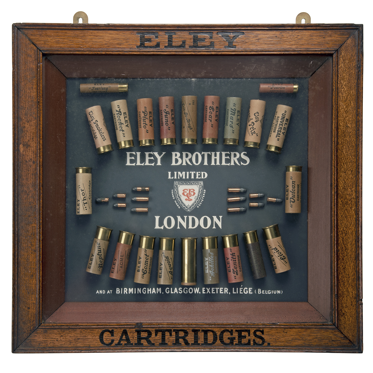 A VINTAGE ELEY BROTHERS LTD. CARTRIDGE DISPLAY BOARD, in a glazed wooden frame, consisting of