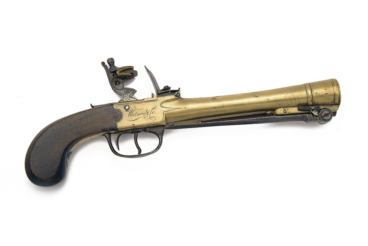 A 28-BORE FLINTLOCK BRASS-BARRELLED BLUNDERBUSS PISTOL WITH SPRUNG BAYONET SIGNED WATERS & CO., no - Image 2 of 2