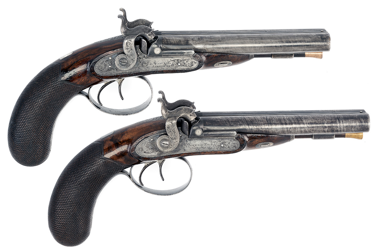 JOSEPH EGG, LONDON A CASED PAIR OF 38-BORE PERCUSSION DOUBLE-BARRELLED CARRIAGE-PISTOLS WITH BARRELS - Image 3 of 8