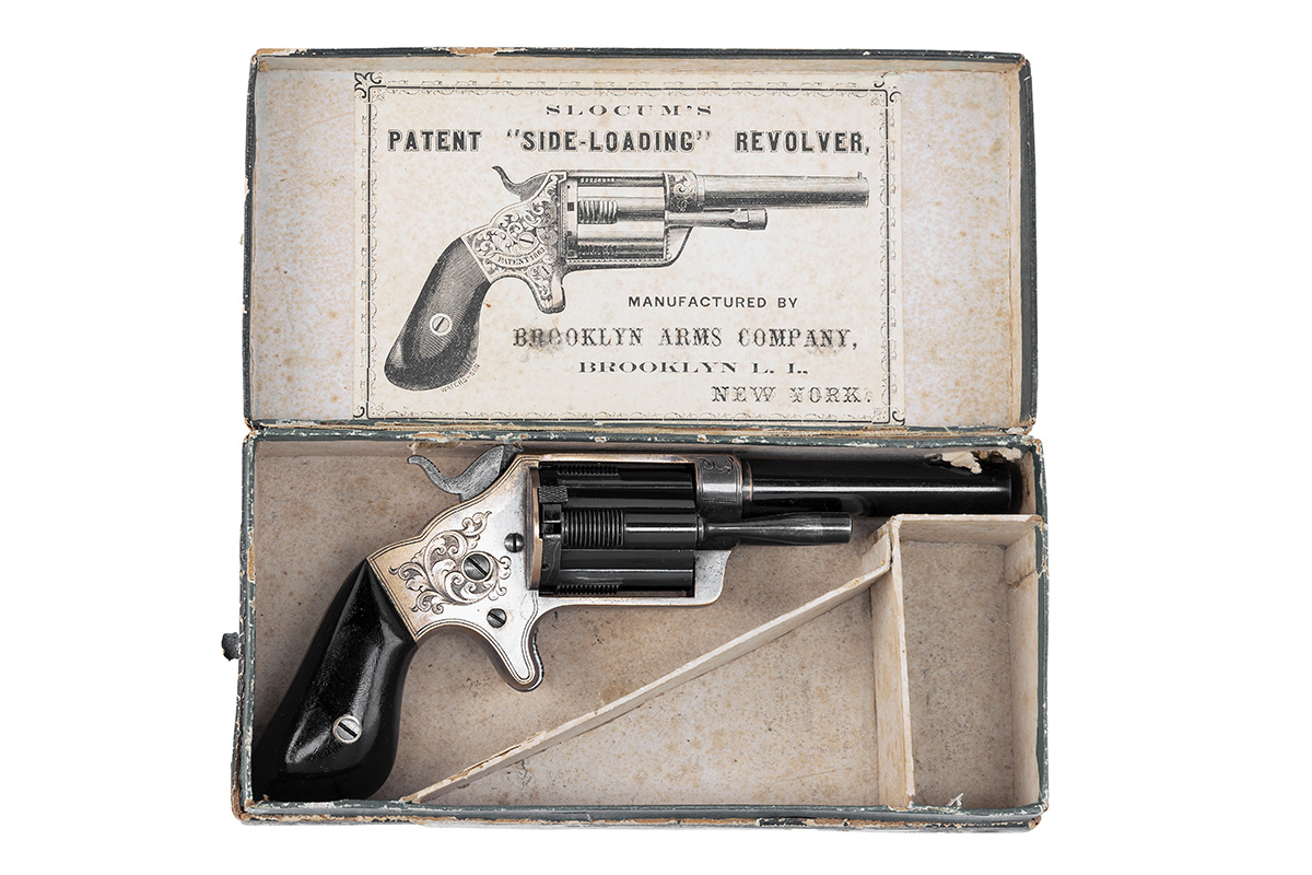 BROOKLYN ARMS CO, USA A RARE BOXED .32 (RIMFIRE) FIVE-SHOT REVOLVER WITH SLIDING CHAMBERS, MODEL '