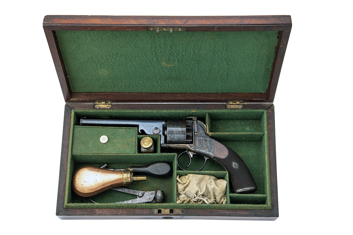 MADE FOR ADAMS, LONDON A GOOD CASED 54-BORE PERCUSSION REVOLVER, MODEL 'WEBLEY-BENTLEY PATENT', no