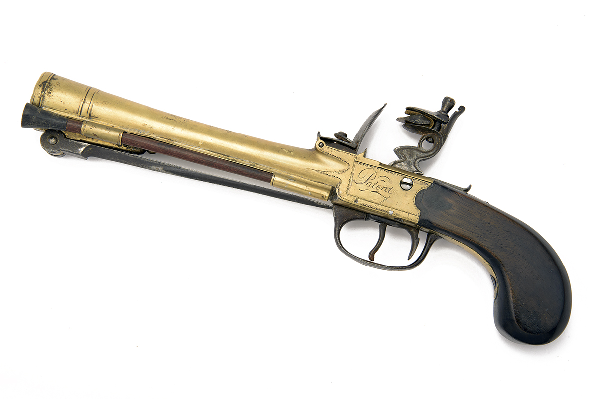 A 28-BORE FLINTLOCK BRASS-BARRELLED BLUNDERBUSS PISTOL WITH SPRUNG BAYONET SIGNED WATERS & CO., no