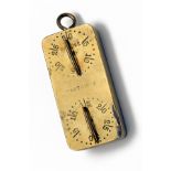 A VINTAGE BRASS 'NORFOLK LIAR' FOUR-DIAL GAME COUNTER, rectangular form with brass lanyard ring,