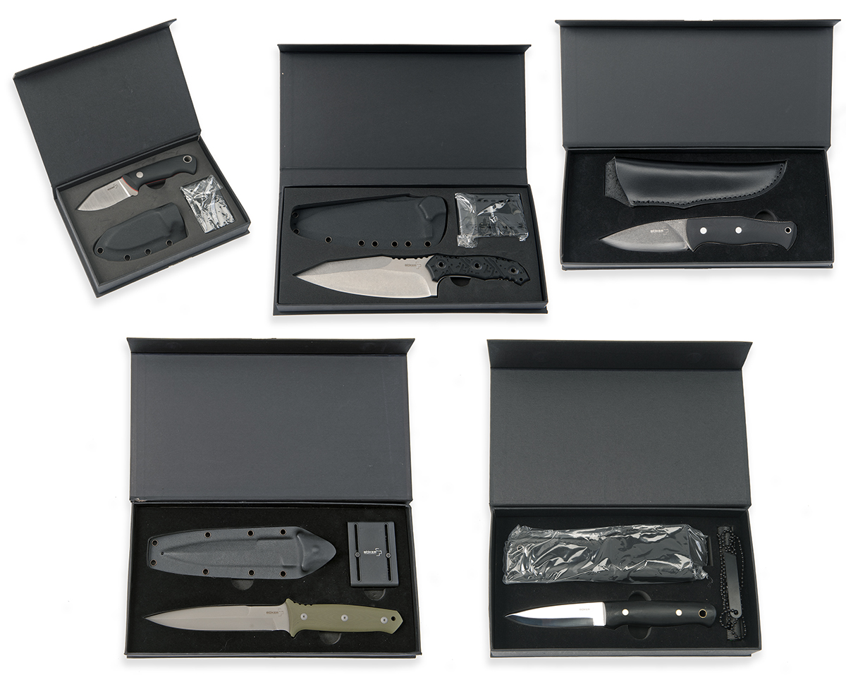 BOKER, GERMAN BOKER, A GOOD COLLECTION OF FIVE BOXED OUT OF PRODUCTION 'BOKER-PLUS' SHEATH-KNIVES,