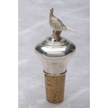 A.J. POOLE A STERLING SILVER PHEASANT TOP CORK BOTTLE STOPPER, with 925 silver hallmarks,