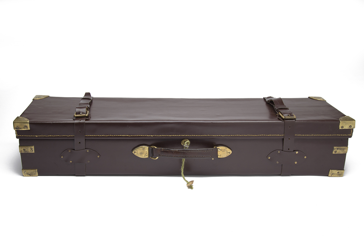 A BRASS-CORNERED LEATHER TWO TIER DOUBLE HAMMERGUN CASE, fitted for 30in. barrels, the interior - Image 2 of 2