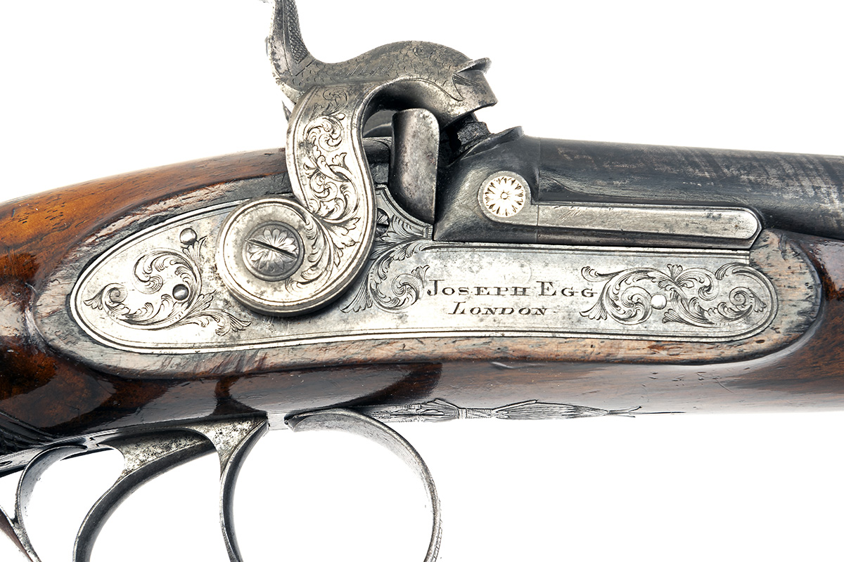 JOSEPH EGG, LONDON A CASED PAIR OF 38-BORE PERCUSSION DOUBLE-BARRELLED CARRIAGE-PISTOLS WITH BARRELS - Image 7 of 8
