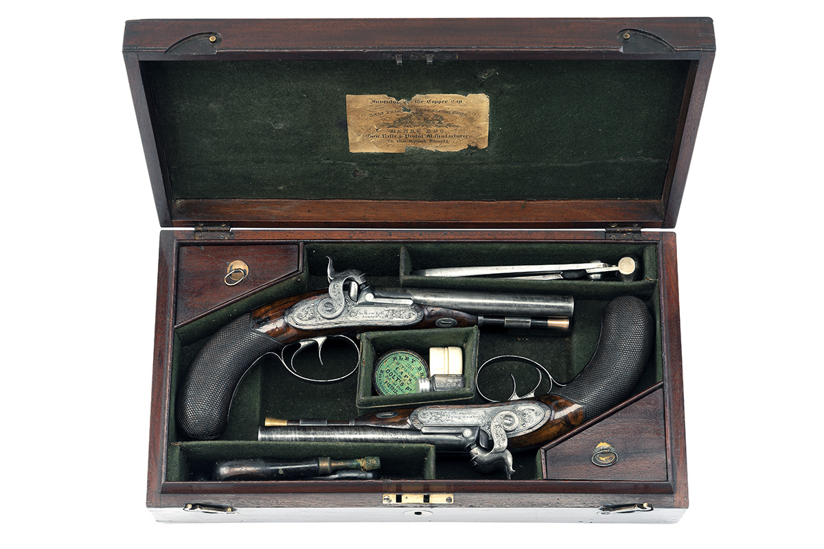 JOSEPH EGG, LONDON A CASED PAIR OF 38-BORE PERCUSSION DOUBLE-BARRELLED CARRIAGE-PISTOLS WITH BARRELS