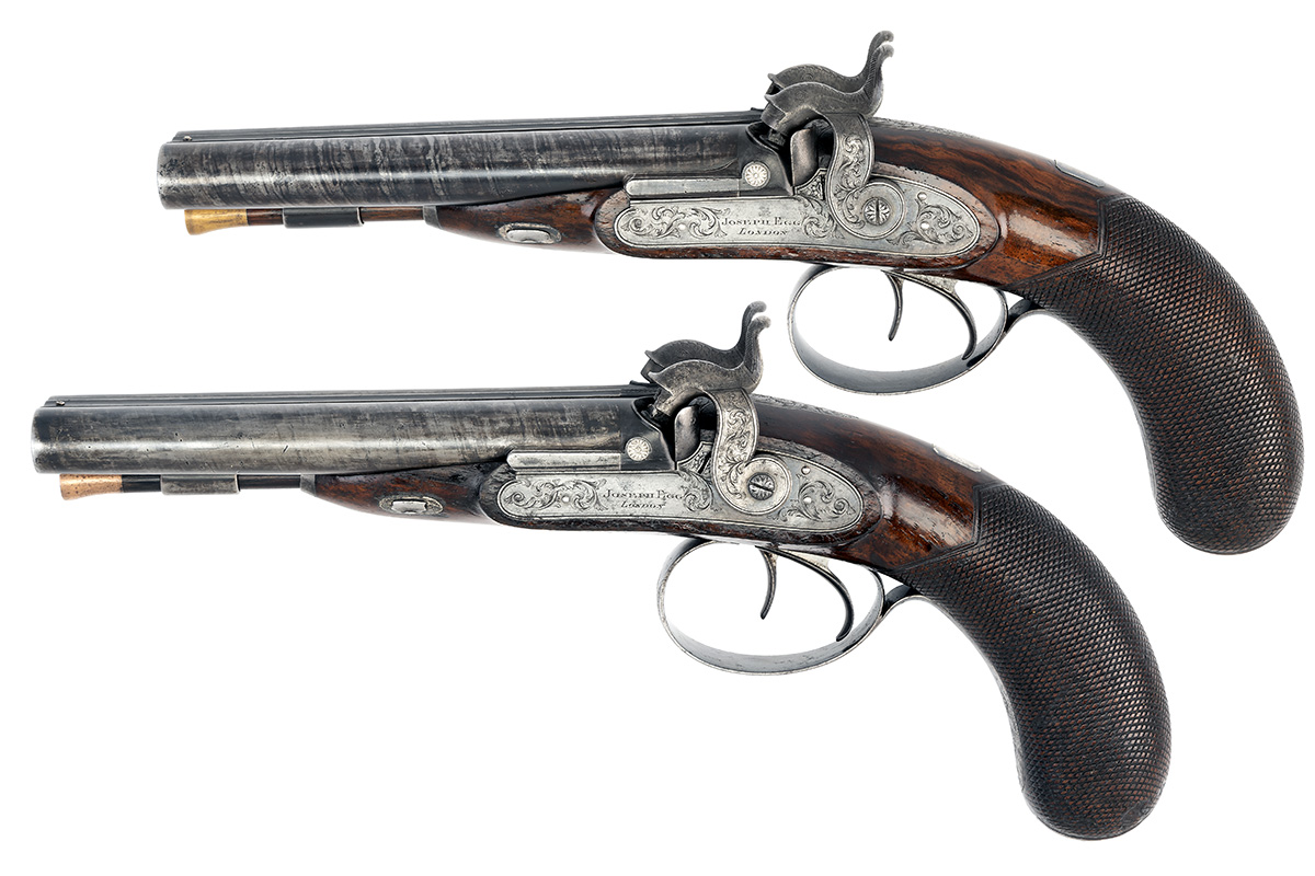 JOSEPH EGG, LONDON A CASED PAIR OF 38-BORE PERCUSSION DOUBLE-BARRELLED CARRIAGE-PISTOLS WITH BARRELS - Image 2 of 8