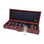 REY PAVON AN UNUSED REY PAVON HONEY LEATHER CASED SET OF EIGHT PORT GLASSES, partitioned case