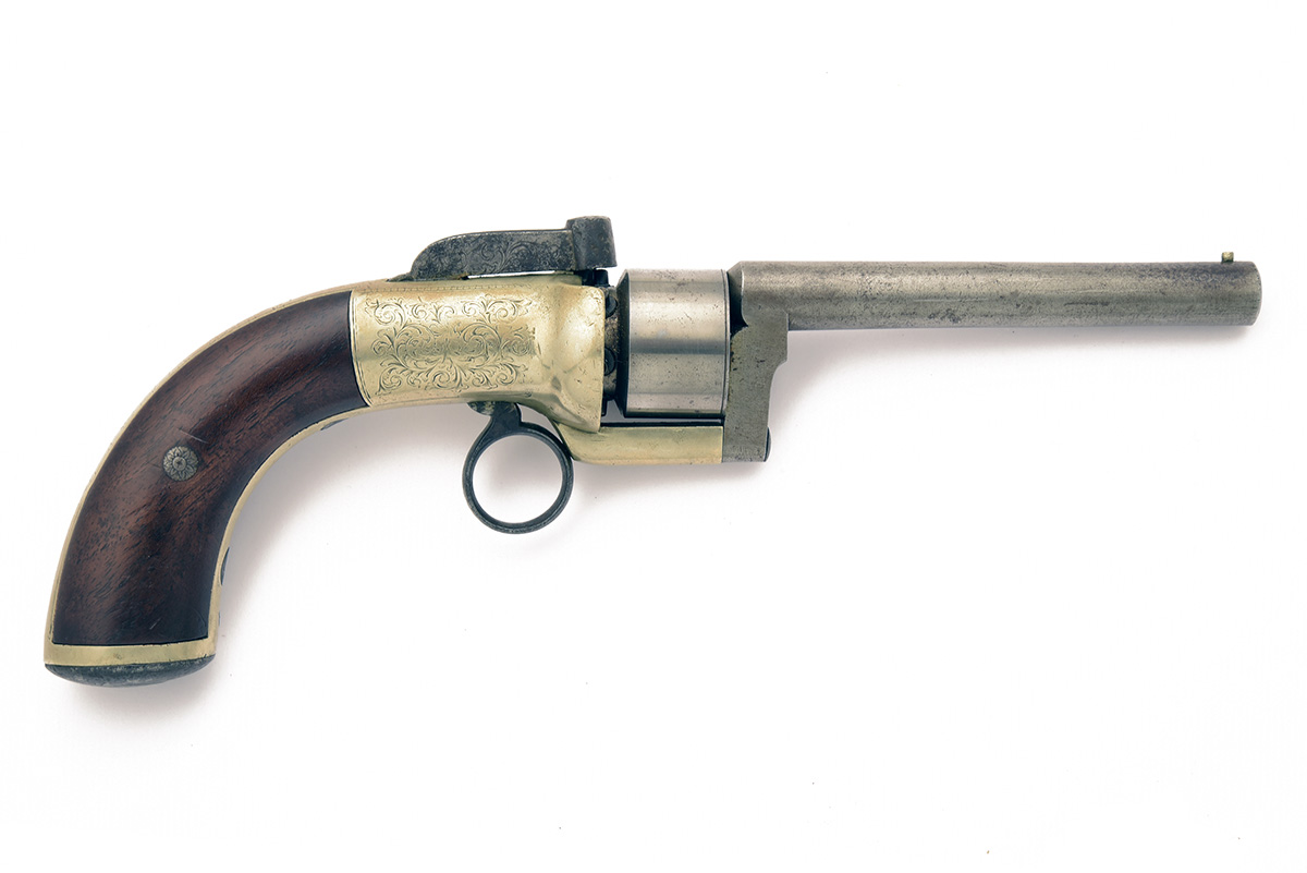 CRAWLEY & CO., LONDON AN 80-BORE PERCUSSION PAKTONG-BODIED TRANSITIONAL REVOLVER, no visible