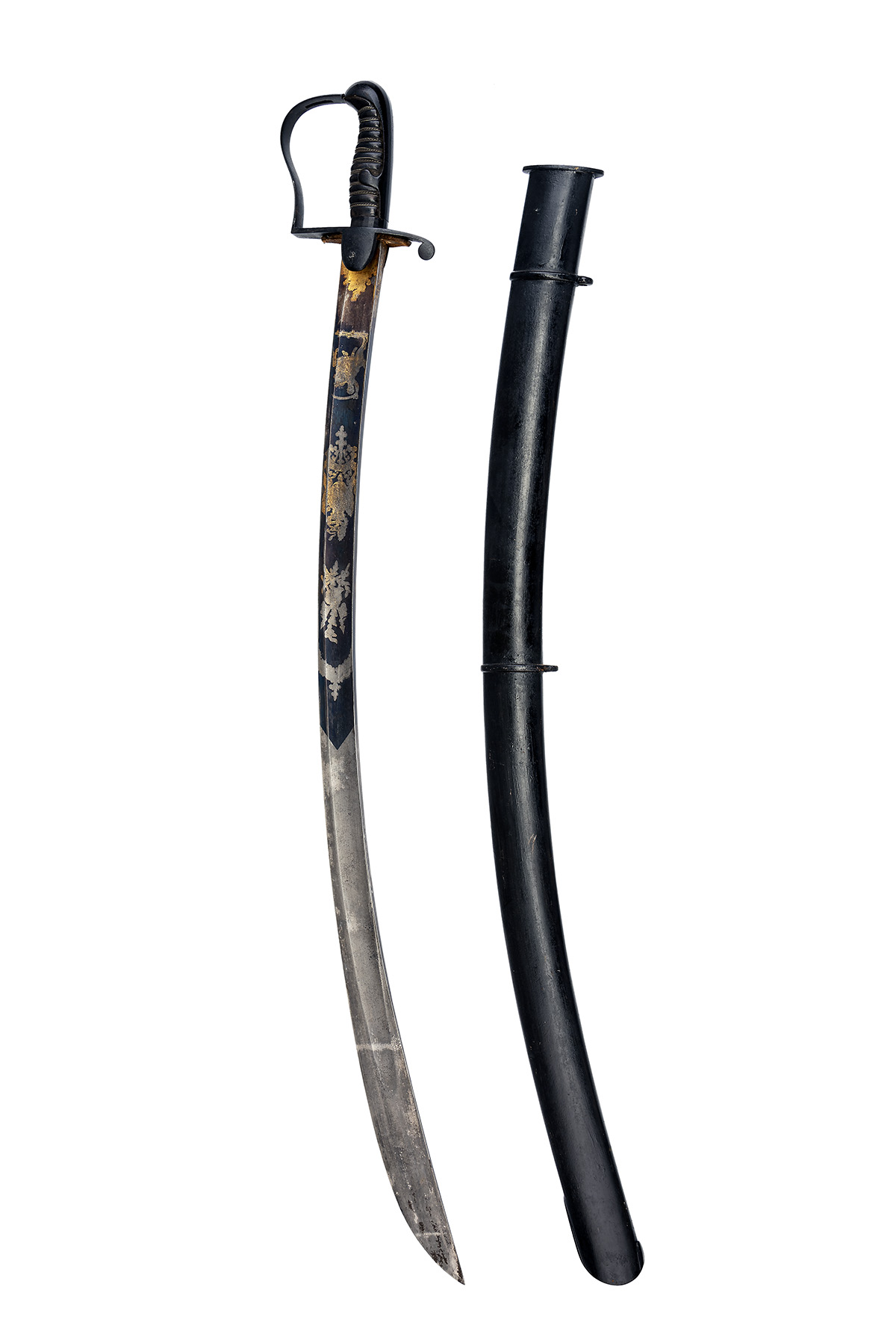 A FINE BRITISH LIGHT CAVALRY OFFICER'S 1796 PATTERN SABRE WITH BLUE AND GILT BLADE, UNSIGNED, no