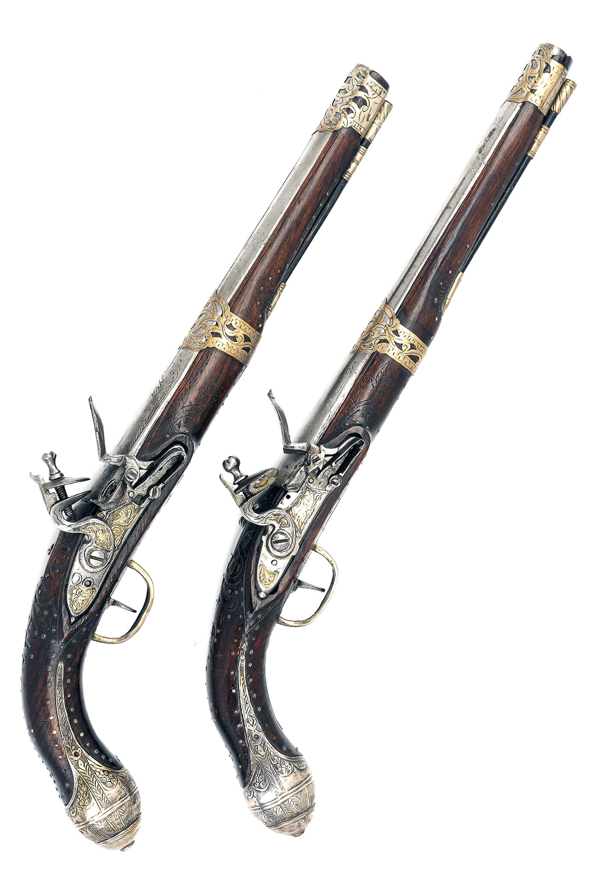 A WELL COMPOSED PAIR OF 16-BORE FLINTLOCK INDO-PERSIAN HOLSTER-PISTOLS, UNSIGNED, no visible