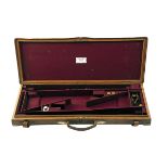 GALLYON & SONS LTD. A BRASS-CORNERED OAK & LEATHER DOUBLE GUNCASE, fitted for 30in. barrels, the