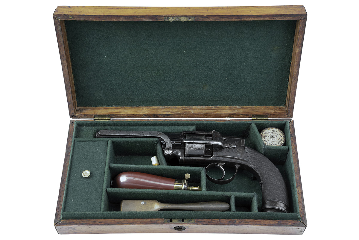 A VERY RARE CASED 50-BORE PERCUSSION 'HAMMERLESS' REVOLVER, MODEL 'PENNELL'S PATENT', no visible