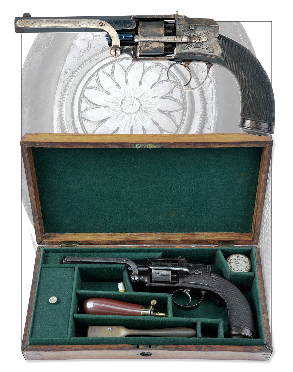 A VERY RARE CASED 50-BORE PERCUSSION 'HAMMERLESS' REVOLVER, MODEL 'PENNELL'S PATENT', no visible - Image 8 of 8