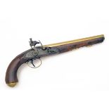 A 28-BORE FLINTLOCK BRASS-BARRELLED HOLSTER-PISTOL SIGNED SHARPE, no visible serial number, circa