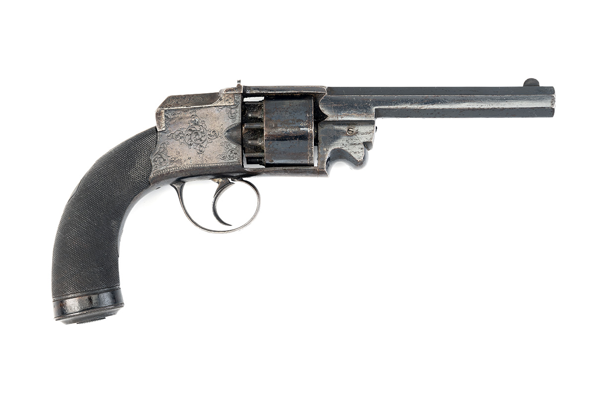 A VERY RARE CASED 50-BORE PERCUSSION 'HAMMERLESS' REVOLVER, MODEL 'PENNELL'S PATENT', no visible - Image 3 of 8