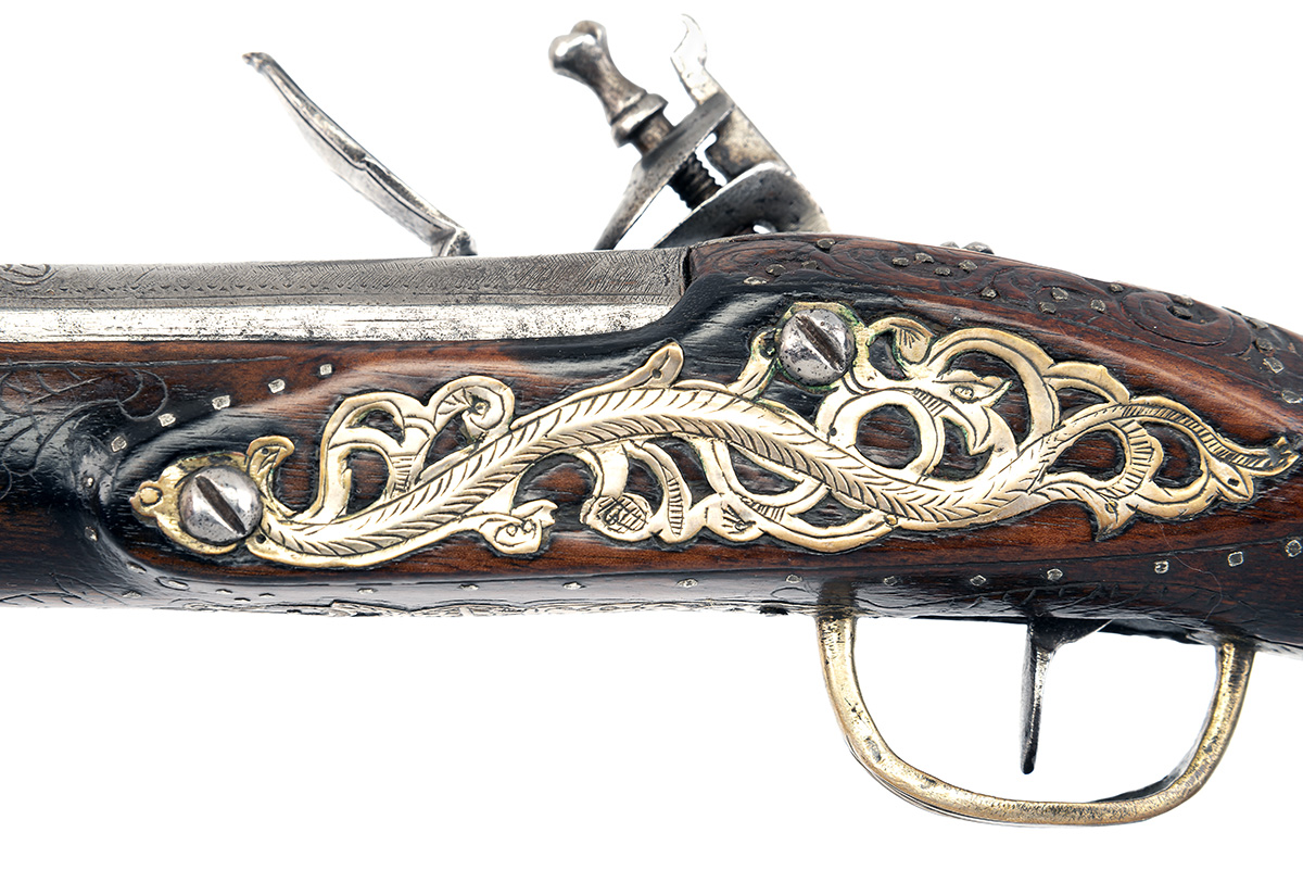 A WELL COMPOSED PAIR OF 16-BORE FLINTLOCK INDO-PERSIAN HOLSTER-PISTOLS, UNSIGNED, no visible - Image 6 of 6