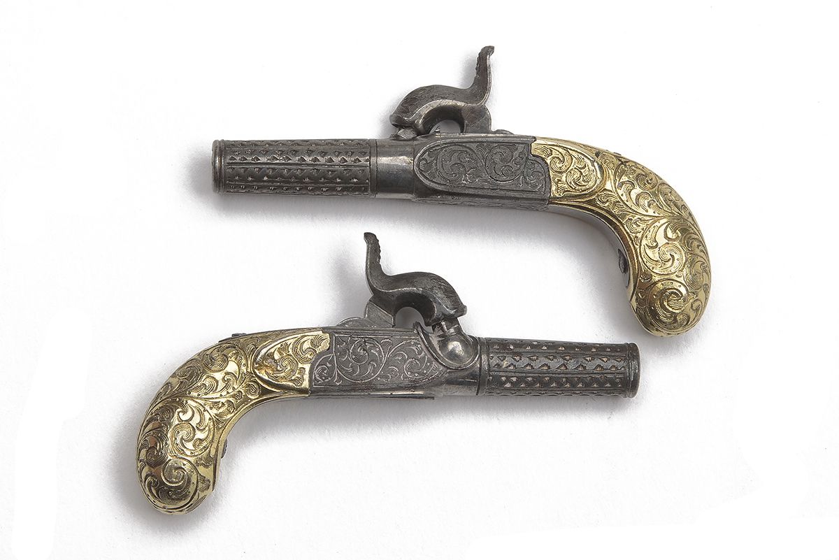 AN EXQUISITE CASED PAIR OF MINIATURE 350-BORE PERCUSSION MUFF-PISTOLS, UNSIGNED, no visible serial - Image 2 of 4
