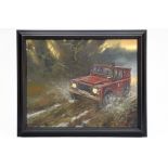 MICK CAWSTON (BRITISH 1959-2006) AN ORIGINAL OIL ON CANVAS, off road Land Rover, signed by the