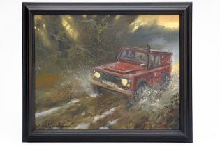 MICK CAWSTON (BRITISH 1959-2006) AN ORIGINAL OIL ON CANVAS, off road Land Rover, signed by the