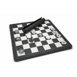 WILLIAM & SON AN OVERSIZED CALF LEATHER CHESS / DRAUGHTS BOARD WITH LEATHER PIECES, the board