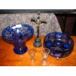 A blue overlaid glass bowl and vase etc