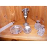 A silver trumpet vase, pin dish etc