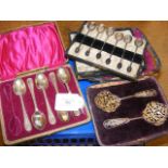 A pair of silver spoons together with plated tea/coffee spoons etc