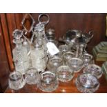 Silver rimmed glass salt bowls etc