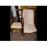 An inlaid Edwardian armchair together with a nursi