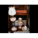 A Victorian oil lamp together with other ceramic w