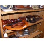 Various carved wooden boxes, shepherd's crook etc