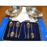 Two silver table salts, teaspoons