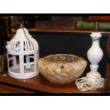 A table lamp, together with a hanging decorative birdcage, etc.